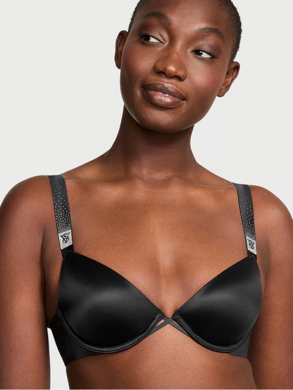 Victoria's Secret Black Satin Push-Up Bra with Embellished Straps